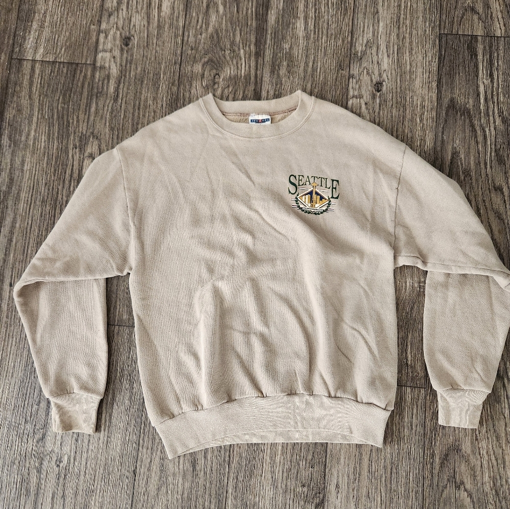 Jerzees Vintage 90s Tan Seattle Crewneck Pullover Sweatshirt Size Medium